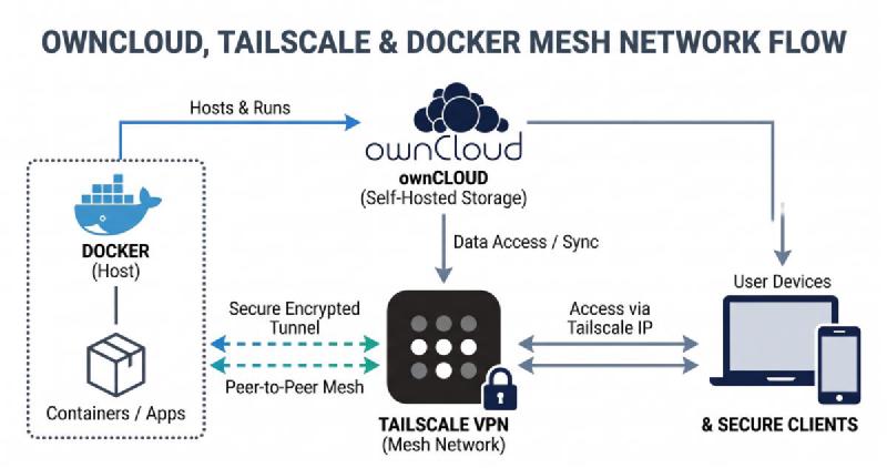 A flowchart of a tailscale network with docker and owncloud with clients